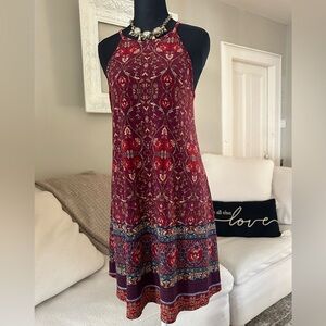 Xhilaration Boho Burgundy Blue Design Strappy Mini Tank Slip Halter Dress Size S